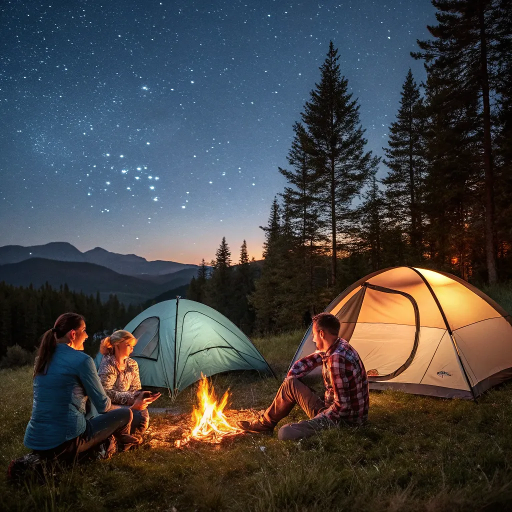 Family enjoying a camping adventure with tents and campfire