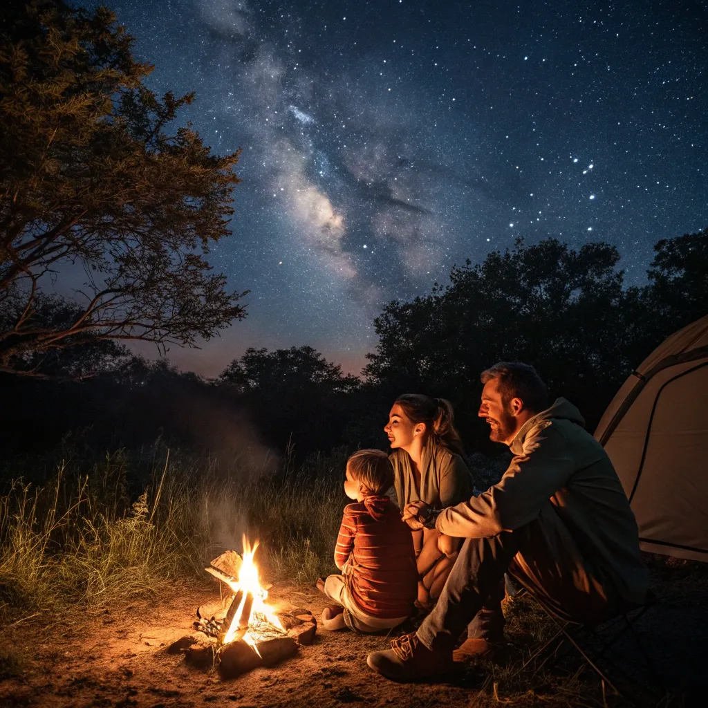 A family sitting around a campfire