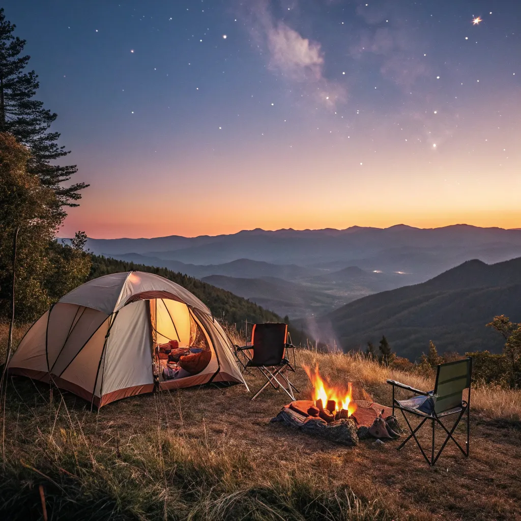 Camping setup at sunset with scenic view